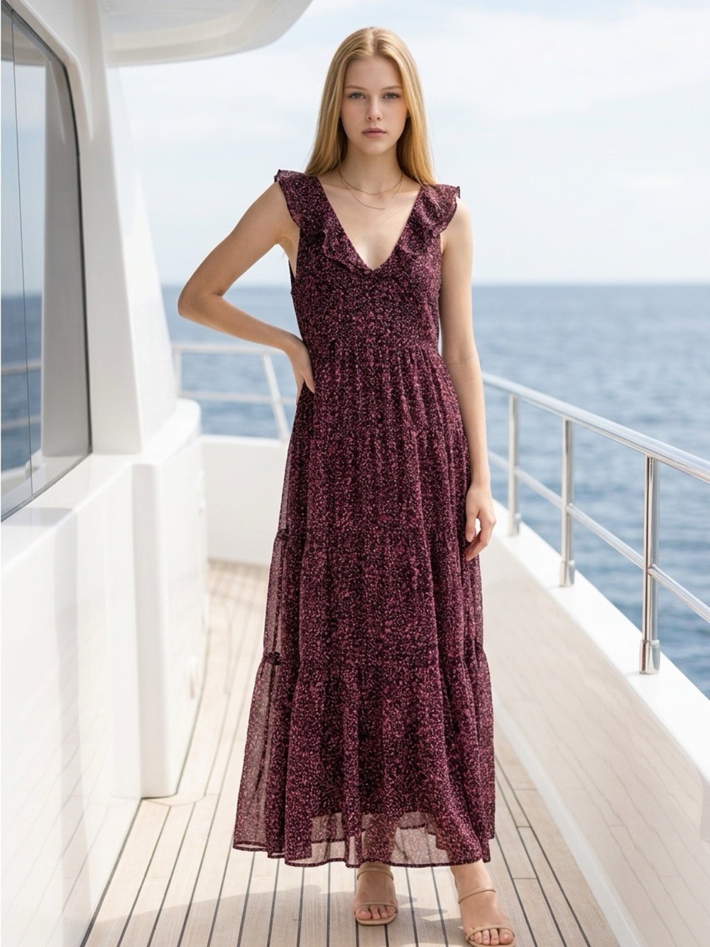 Chelsea28 Plum Floral Ruffle-Shoulder Maxi Dress - Picture 12 of 13